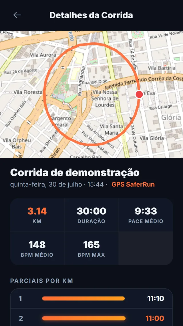App do Onda Club mostrando corrida com mapa, frequência cardíaca e parciais por km